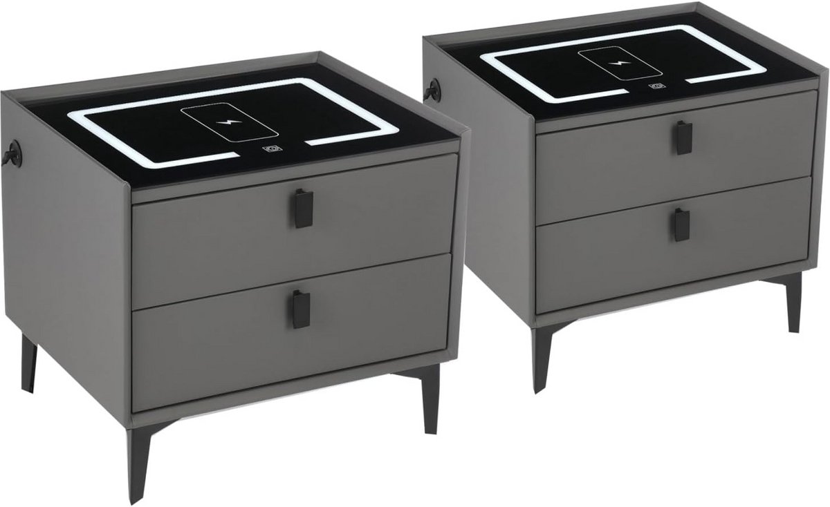 Set van 2 Nachtkastjes met Draadloos Opladen, USB/Type-C en Dimbare LED Verlichting