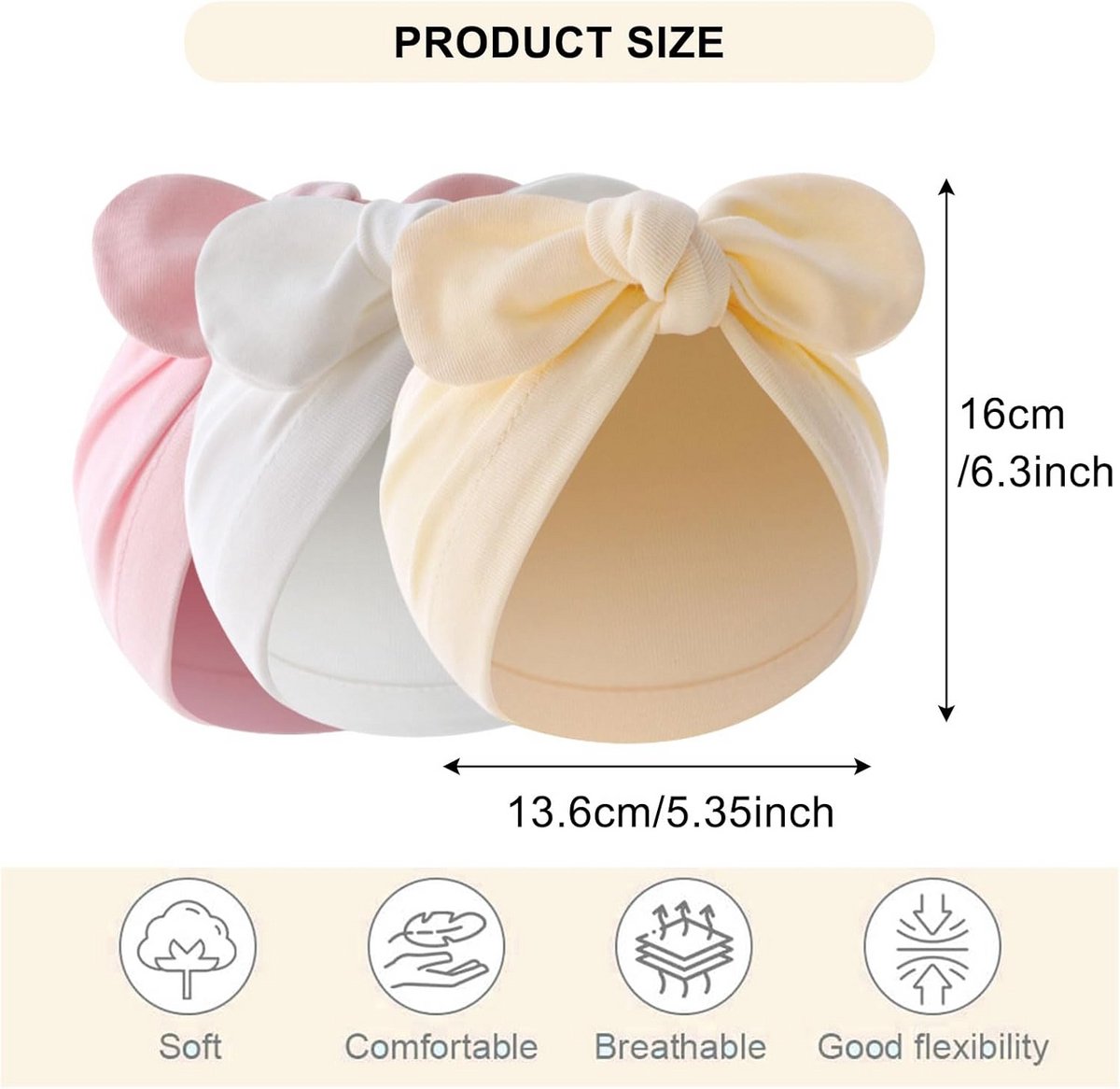 Set van 3 Babymutsen met Strik - Katoen - Wit, Beige & Roze - Pasgeboren