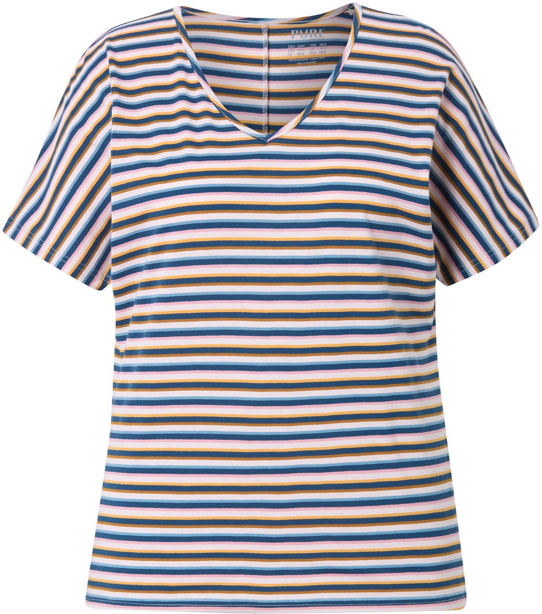 Ulla Popken - Dames - Slaapshirt strepen V-hals halve mouw biologische katoen - Petrol - Maat 42+