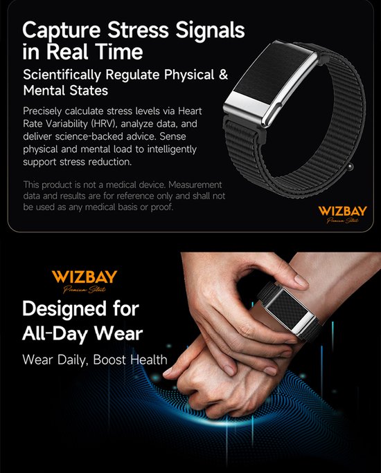 Collage met WizBay tracker in zart en handen die de tracker dragen, met focus op stressmonitoring.