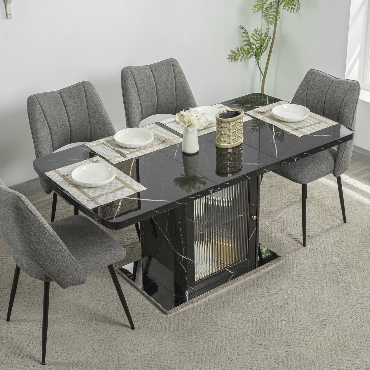 HAUSS SPOLE Eettafel - Uitschuifbare Rechthoekige Eettafel Met Zwart Marmerblad En Opbergkast - MDF/Staal - 120-160x80x76 Cm - Zwart