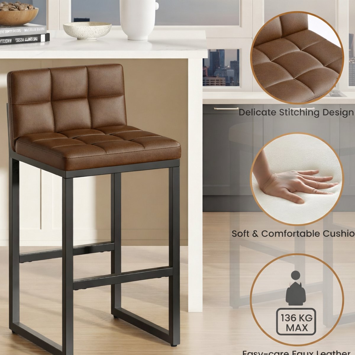 Barkruk met rugleuning set van 2 – Luxe barstoelen met metalen frame en zachte kunstleren bekleding – Lichtbruine keuken- en huisbarstoelen, ergonomisch en stevig – House&Garden
