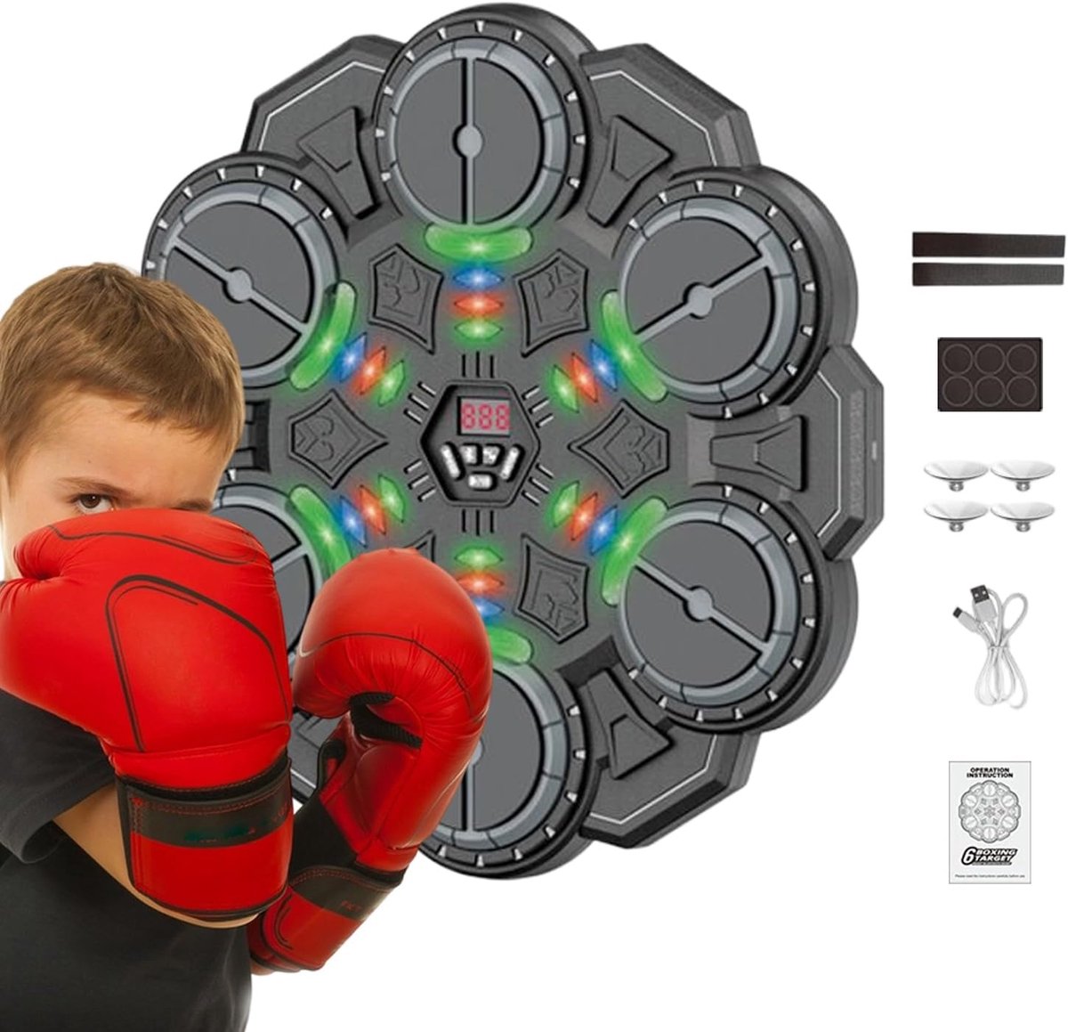 Muziek Boksen Machine - Smart Trainer - Interactieve Training - LED Ritme Verlichting - 34 x 33.5 cm - Zwart