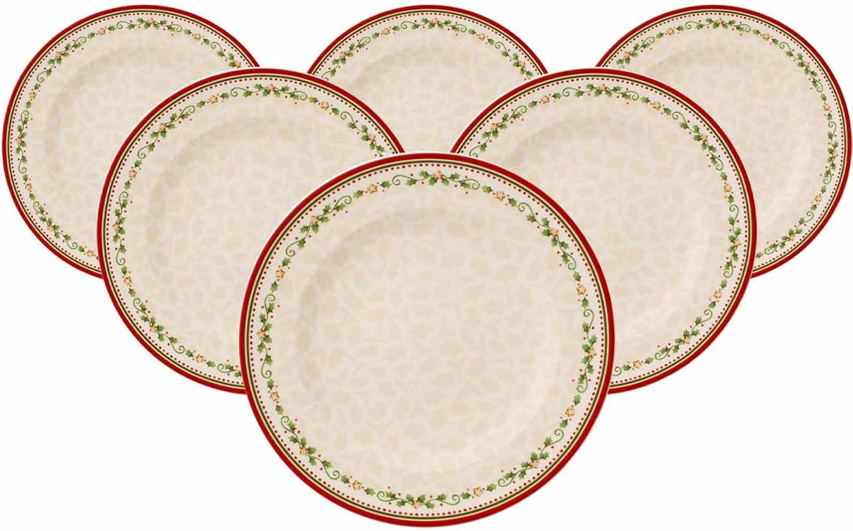 Dinerborden Set - Platte Borden Kerst - Feestelijk Dineren - Vaatwasser Magnetronbestendig - 27 cm Diameter - Wit Rood Beige