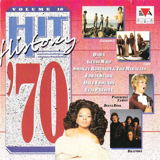 Cover van de "Hit History '70" CD, met "70" in grote rode cijfers. Diana Ross staat centraal met een witte bontjas. Kleine afbeeldingen van Jackson 5, Cats, Partridge Family, Brainbox en Diana Ross.