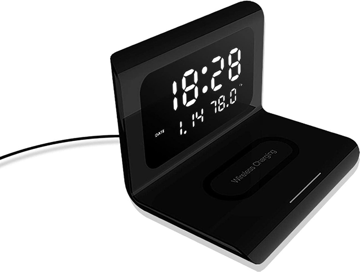 Digitale Wekker - Oplaadklok LED - Nachtkastje Bureau - Geïntegreerde Draadloze Lader - 17cm Breed - Zwart
