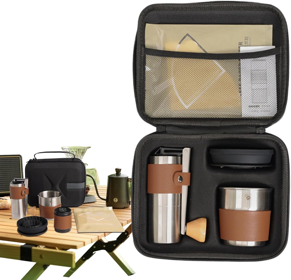 Koffiezet Kit - Kampeer Koffiezetapparaat - Buiten Koken - Dubbel Lager Systeem - Compacte Set