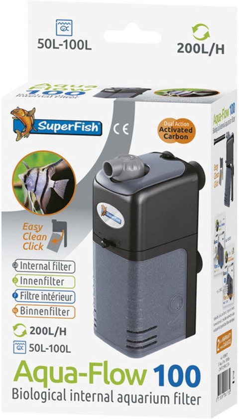Aqua-Flow 100 interne aquariumfilter, grijs en zwart, 200L/H, voor 50-100L aquaria.