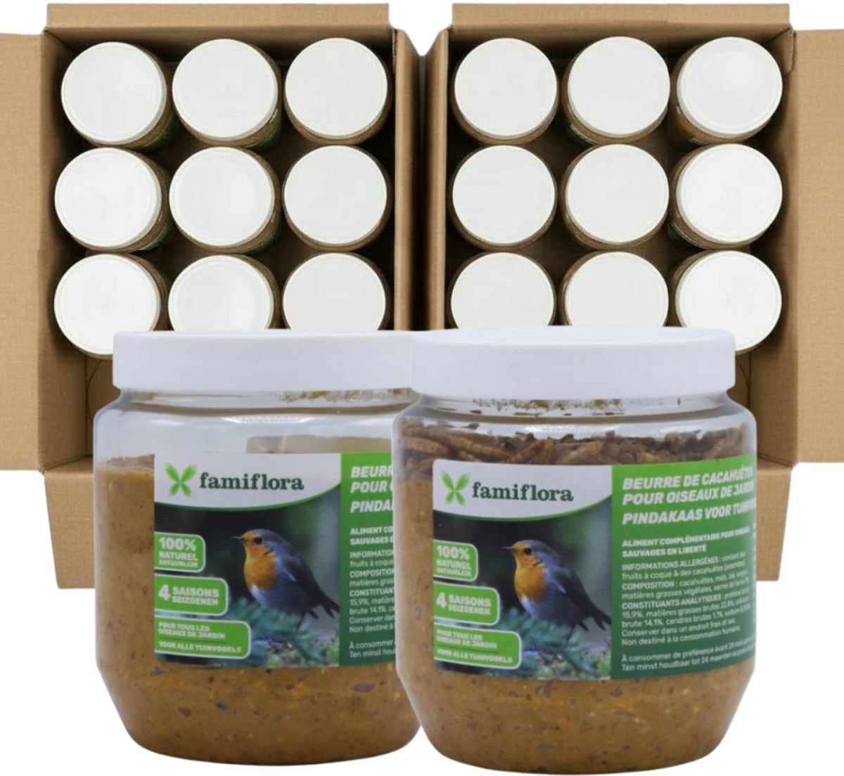 Famiflora vogelpindakaas 12x350GR natural + 12x350GR meelwormen - 24 potten pindakaas voor vogels (8.4KG) - Geschikt voor alle tuinvogels - Voeder het hele jaar door