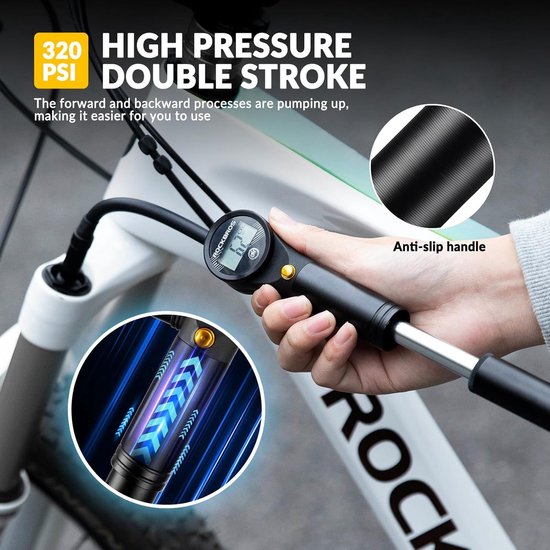 Fietspomp met drukmeter - Draagbare Mini Pomp voor Fietsbanden - Max. 320PSI Hogedruk Presta &Schrader - Verstelbare Luchtpomp met Elektronische Drukweergave fietspomp met drukmeter van Merkloos — afbeelding 5