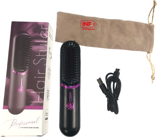 Grijze haarstyler met roze accenten, oplaadkabel en beige etui, naast de verpakking.