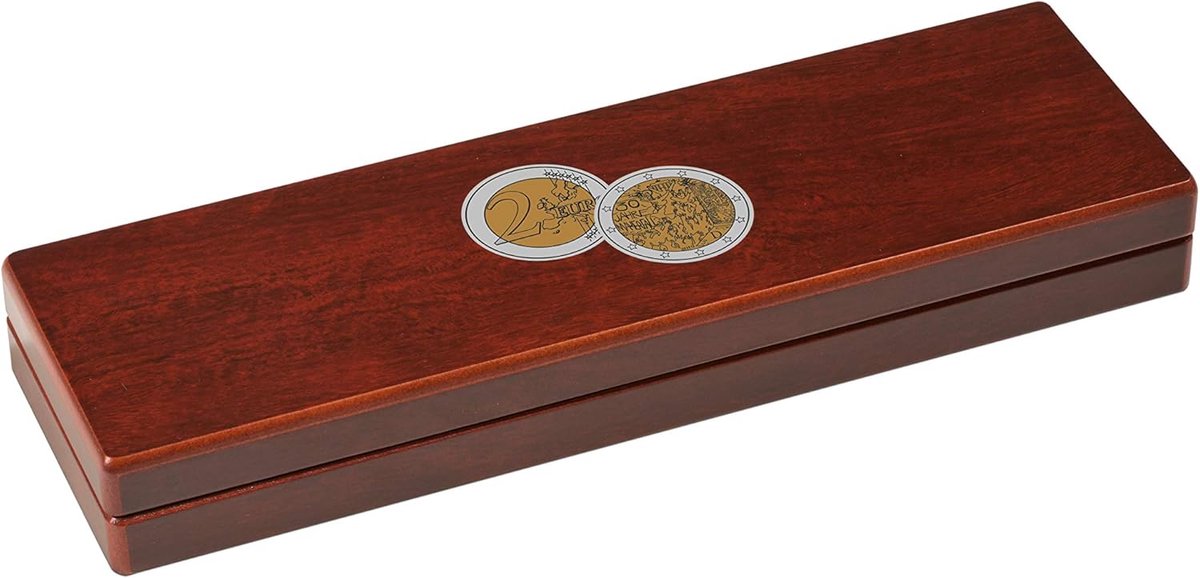 Munt Etui - Verzameldoos Munten - Munten Presenteren - Magneetsluiting Satijn - 260x80x30 mm - Mahonie Houtnerf