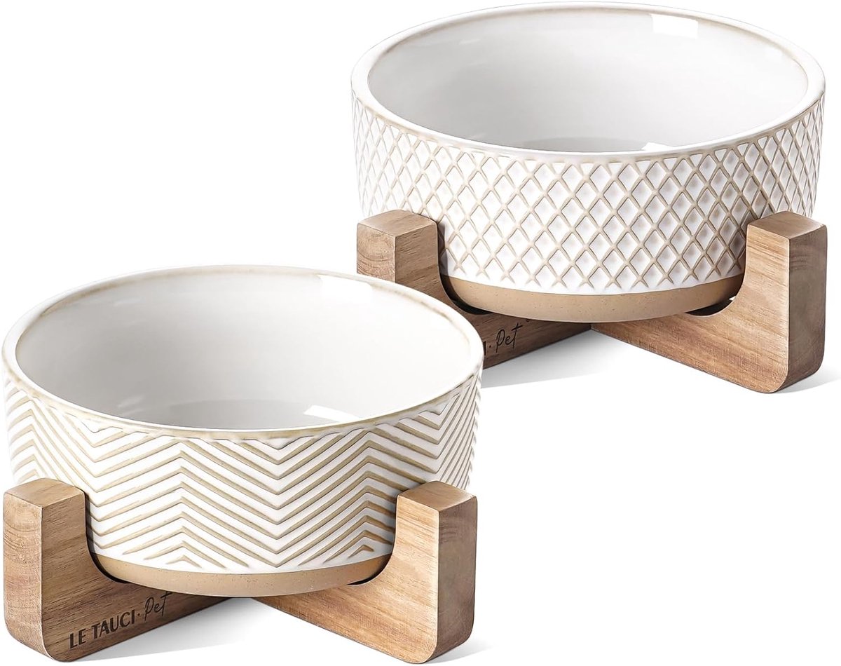 Honden Voerbakken Set - Voer en Waterbakken - Voeding en Hydratatie - Met Houten Standaard - 20x20x6 cm - Wit Golfpatroon