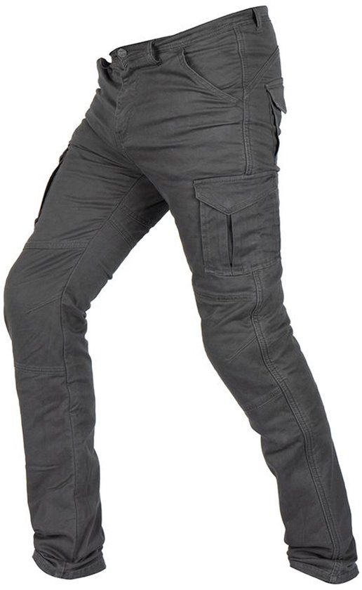 Donkergrijze skinny cargo motorbroek met verstevigde knieën.