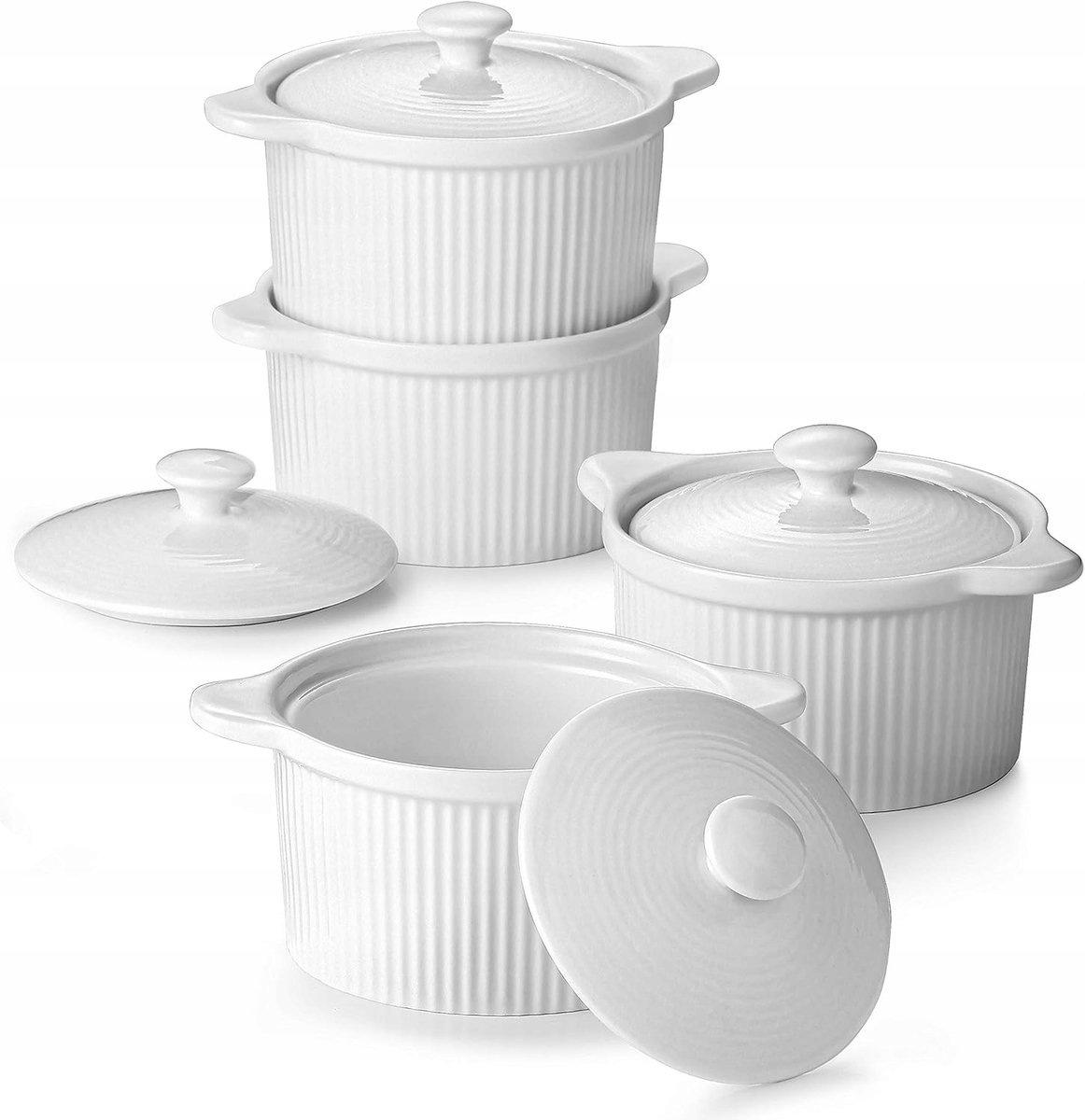 DOWAN Ramekintjes Met Deksel - 207ml - 4-delig - Porselein - Met handgrepen - Wit