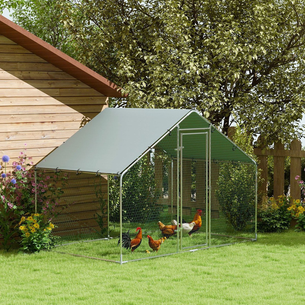 MODFU - Kippenren - Afsluitbare Deur En Waterdichte Overkapping - Buiten - Staal - Zilver - 300 x 170 x 190 cm