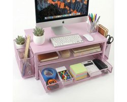 Monitorstandaard Bureau - Laptop Verhoger - Kantoor Organisatie - Met Lade Pennenhouder - 2-laags Metaal - Roze