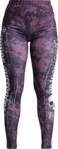 Paarse legging met donkere vlekken en witte grafische elementen, waaronder tekst en symbolen.