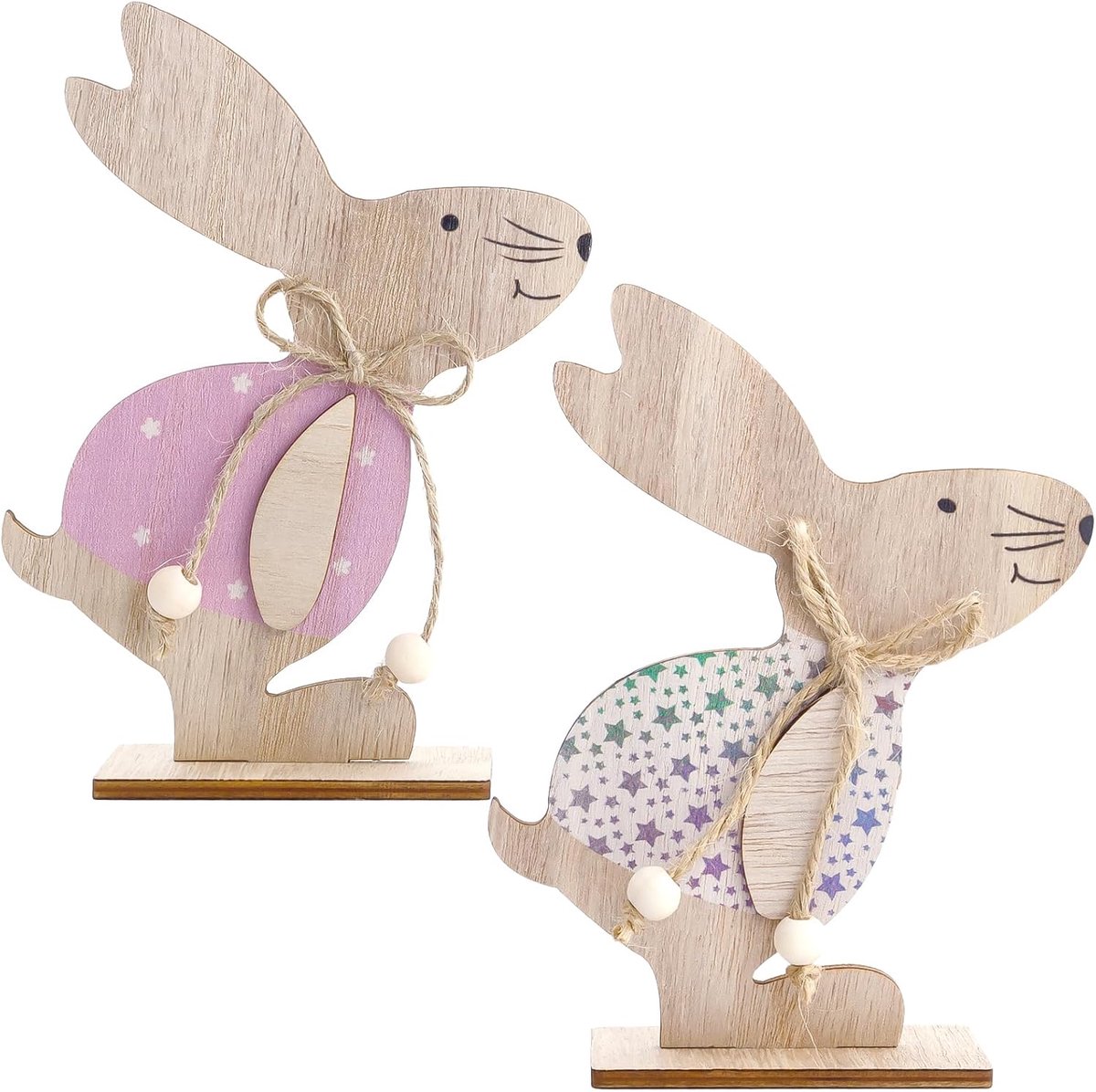 Houten Paashaas Set - Paasdecoratie Staand - Feestelijke Aankleding - Natuurlijk Materiaal - 22 x 13 cm