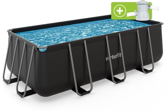 VirtuFit Rechthoekig Zwembad 400 x 200 x 122 cm - Incl. Filterpomp - Opzetzwembad - Duurzaam & Veilig Stalen Frame - Antraciet