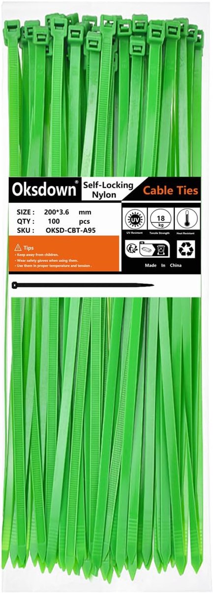 Kabelbinders Set - Tie Wraps - Organiseren Bundelen - Zware Kwaliteit Nylon - 200x3.6mm - Groen