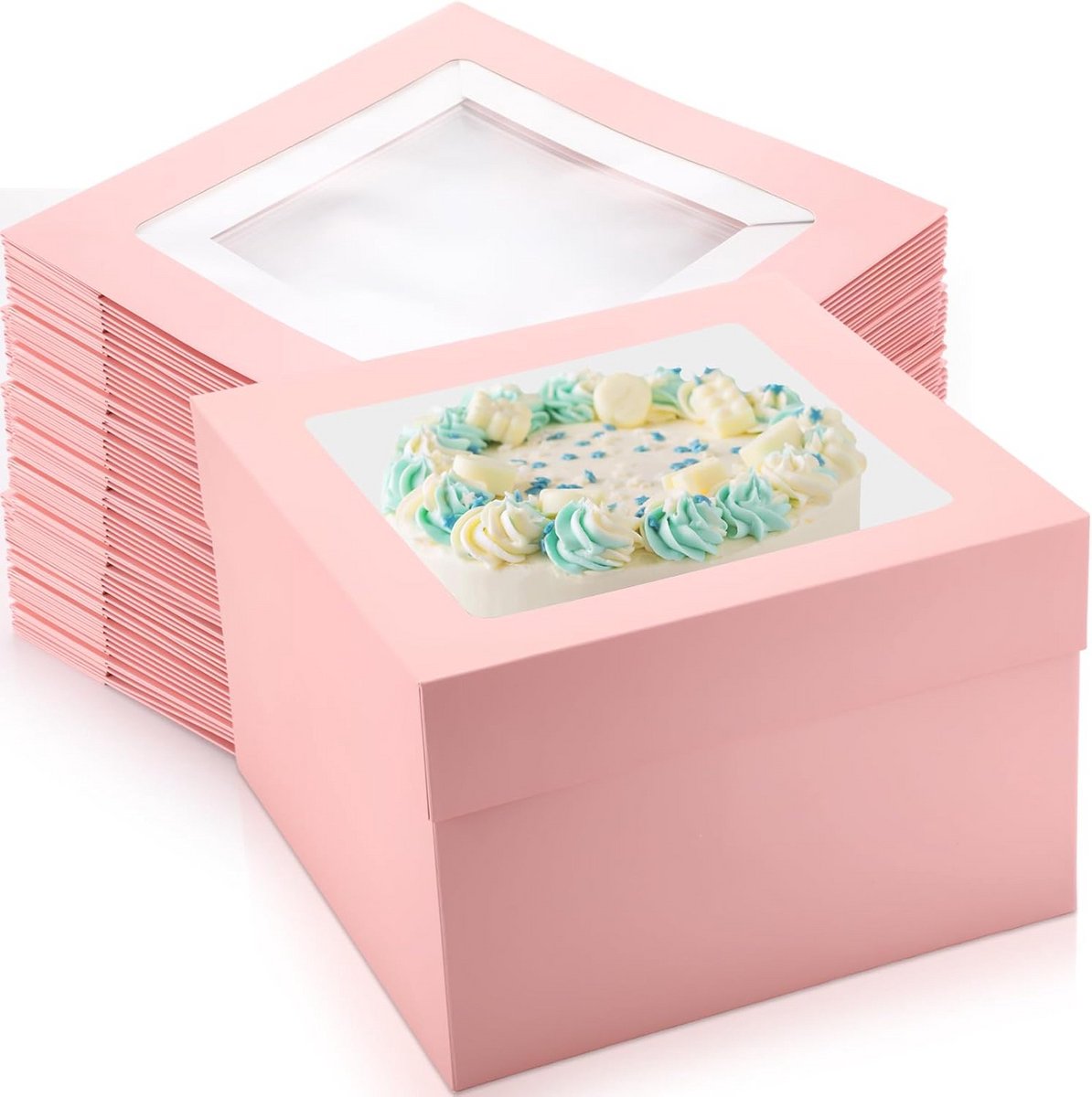 30x Set Hoge Taartdozen met Venster - Stevige Vierkante Gebaksdozen Roze