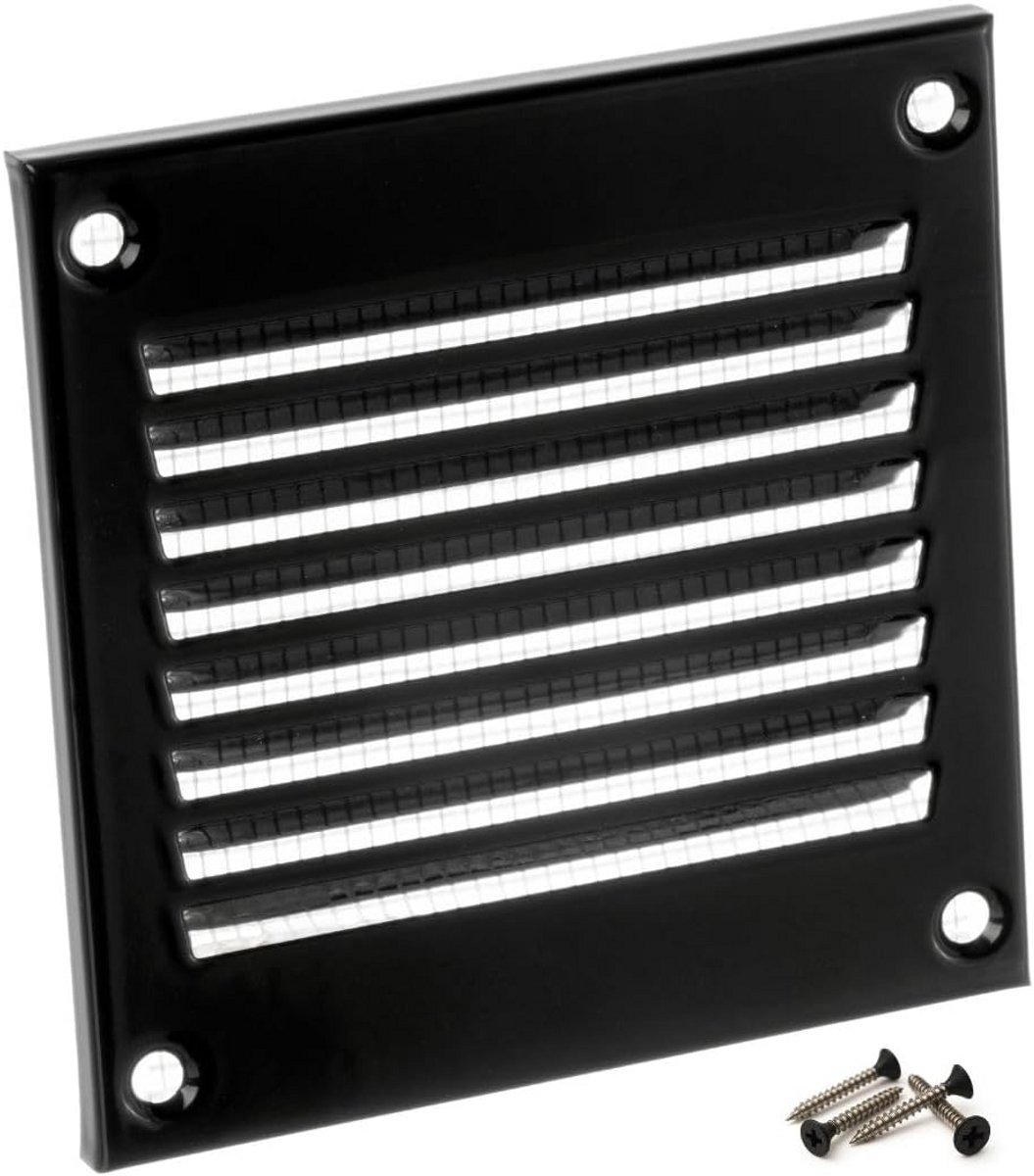 Ventilatierooster 100x100 mm Zwart Metaal met Insectenhor - Universeel Voor Binnen en Buiten