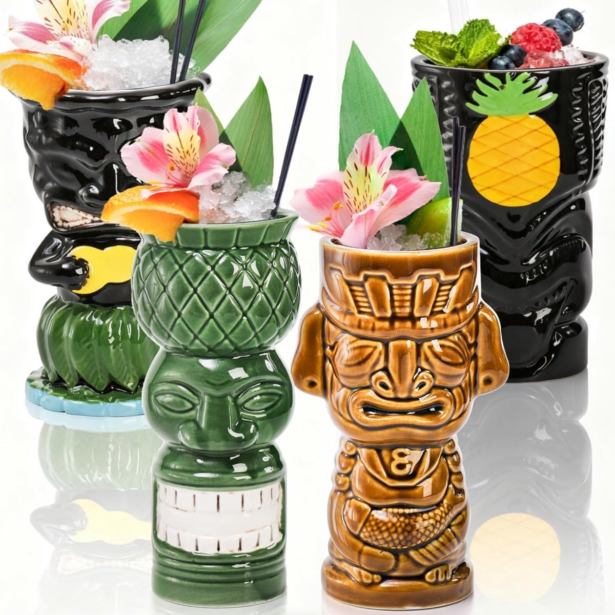 Set van 4 Keramische Tiki Mokken voor Tropische Cocktails