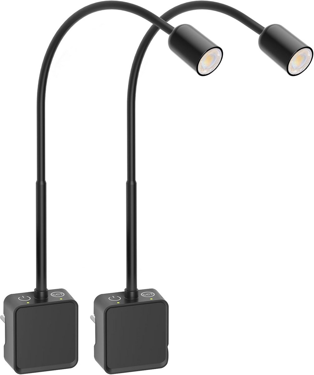 Set van 2 Flexibele LED Spot Leeslampen voor Wandmontage met Stekker - Dimbare Wandlampen Zwart