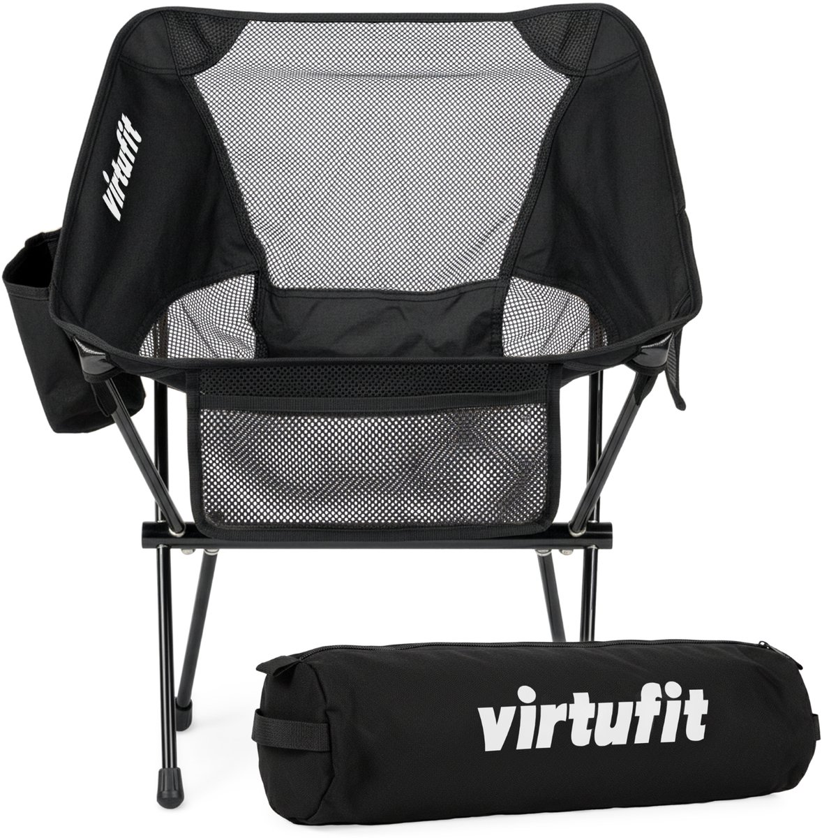 VirtuFit Camping Stoel Compact - Strandstoel - Inclusief Draagtas - Geschikt voor Festivals, Campings & Stranden - Inclusief armsteunen - Eenvoudig Meenemen en Opzetten - Zwart