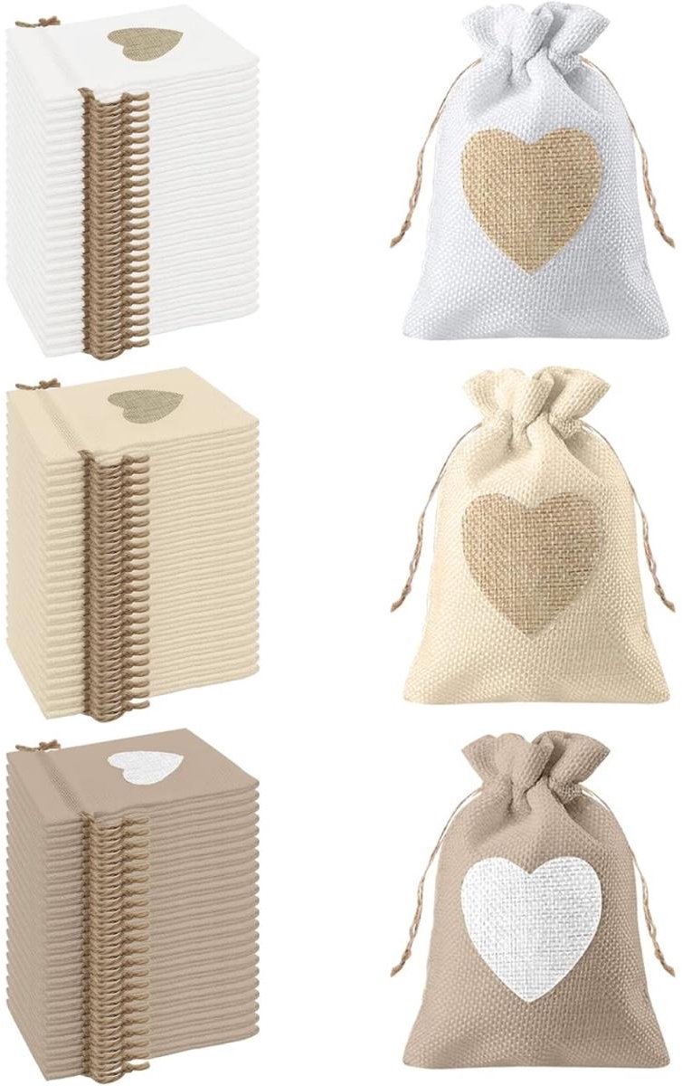 Jutezakjes - Drawstring Bags - Hartvormig Reusable - 24 Stuk - Bruin