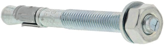 Een metalen plug met een zeskantmoer en ring, met een ronde kop.
