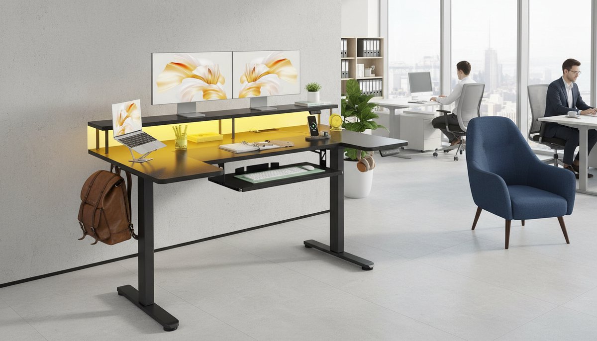 Elektrisch Zit-Sta Bureau 140 cm – Casa Velluto Titan Max | U-vormig In Hoogte Verstelbaar Bureau met Monitorstandaard, USB & Stopcontacten | LED Gaming Bureau | Zwart