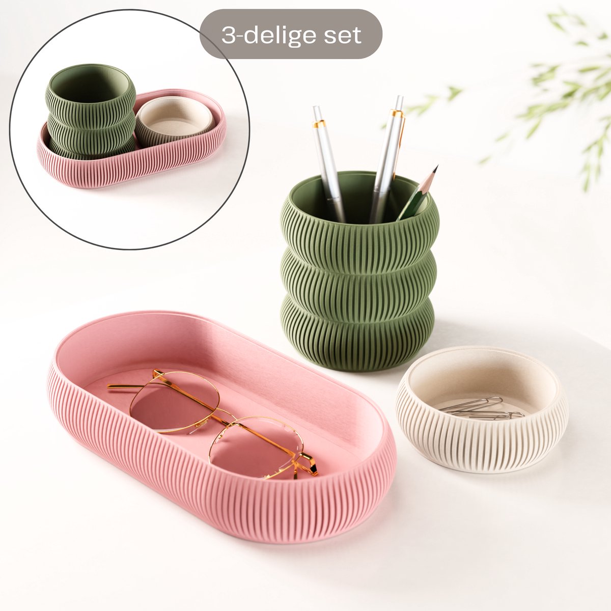 Fleuriek - Bureau organizer set 3-delig - Stapelbaar & modulair - Pennenhouder met opbergbakjes voor bureau, keuken, badkamer & make up - Roze-Groen-Beige