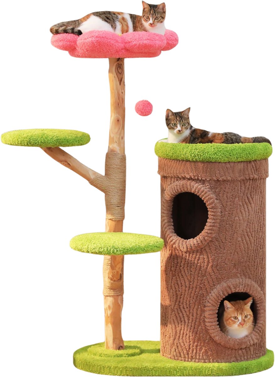 EcoPawPaw Houten Kattenkrabpaal – 136 cm Kattenboom met Kattenhuis, Platforms en Sisal Krabpalen – Boomstam Design voor Grote Katten – Groen/Bruin