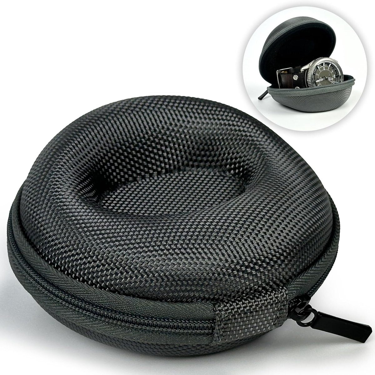 Draagbaar horlogeetui met ritssluiting, ergonomisch ontworpen om te voorkomen dat het horloge gaat schudden, geschikt voor horloges met een wijzerplaatdiameter van minder dan 50 mm, Grijs.