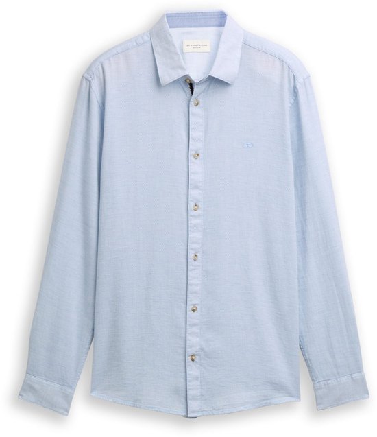 Een lichtblauw katoenen overhemd van Tom Tailor met lange mouwen en knoopsluiting, maat XL.