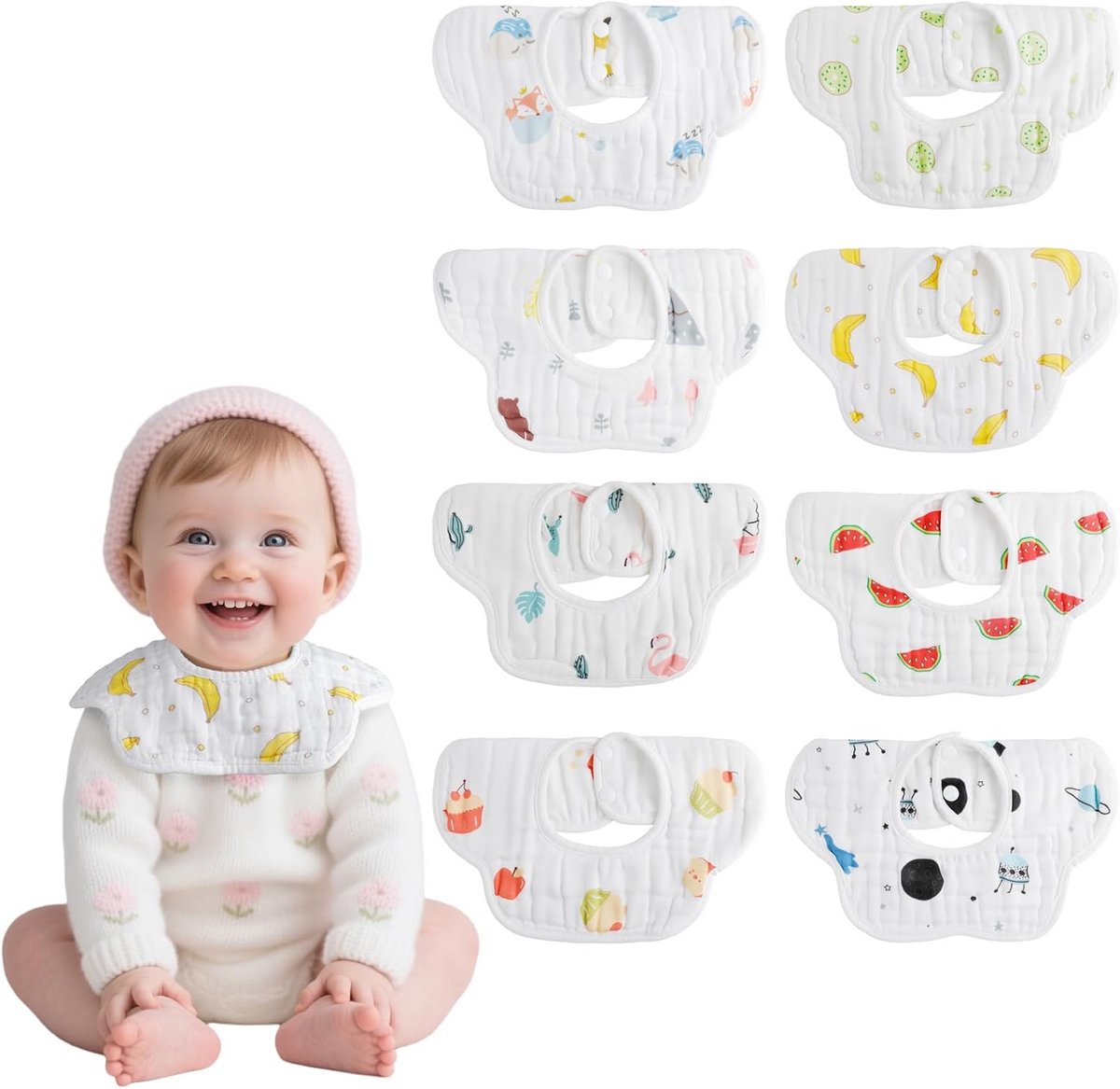 360° draaibare zachte babyslabbetjes set voor jongens en meisjes, absorberend en vlekbestendig, 8 stuks