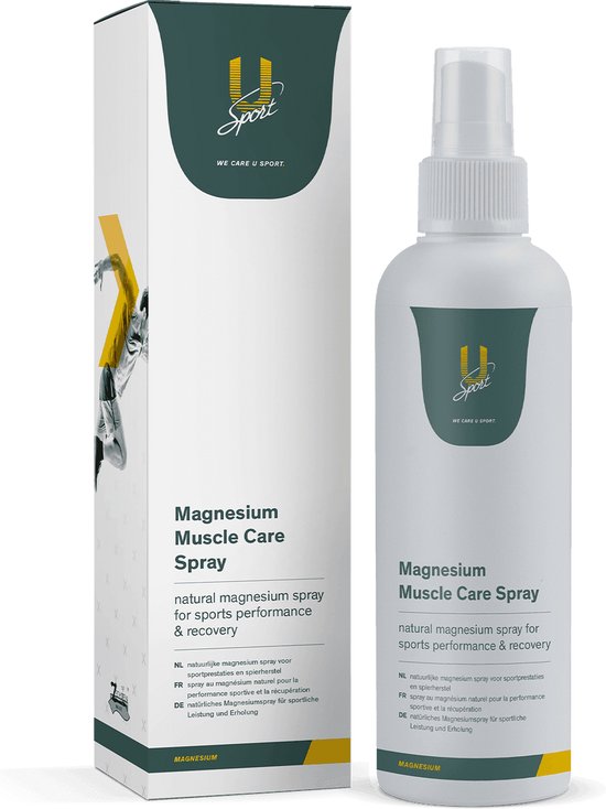 Witte fles U-Sport Magnesium Muscle Care Spray en doos met sportafbeeldingen, op witte achtergrond.