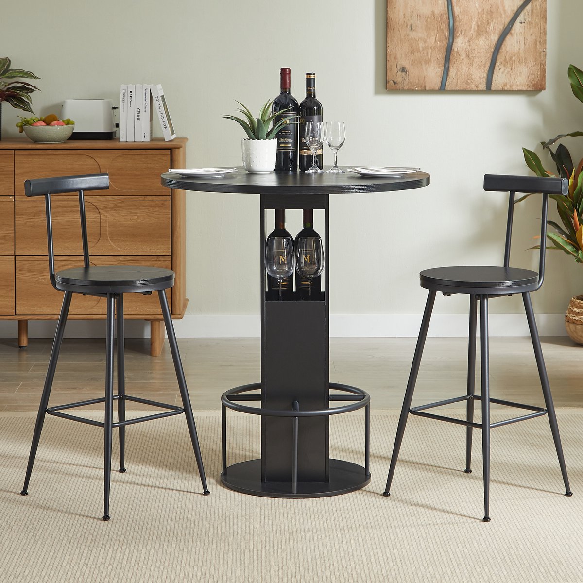 OKWISH Bartafelset Rond Met 2 Krukken - Met Opbergvakken - Voor Keuken Eethoek Café - Spaanplaat En Staal Zwart - Tafel Diameter 80 Cm