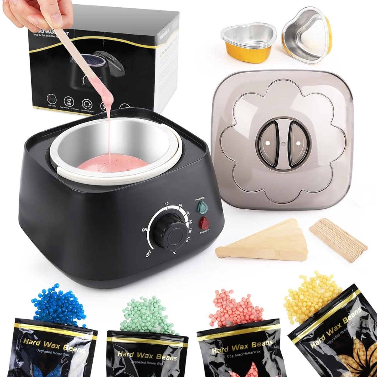 Waxverwarmer Professioneel Complete Ontharing Set – Wax Apparaat Met Instelbare Temperatuur Voor Snelle Wax Smelting – Waxverwarmer Voor Gezicht, Benen En Brazilian Wax | Incl. 600g Hard Wax Beans, Spatels & Accessoires Set