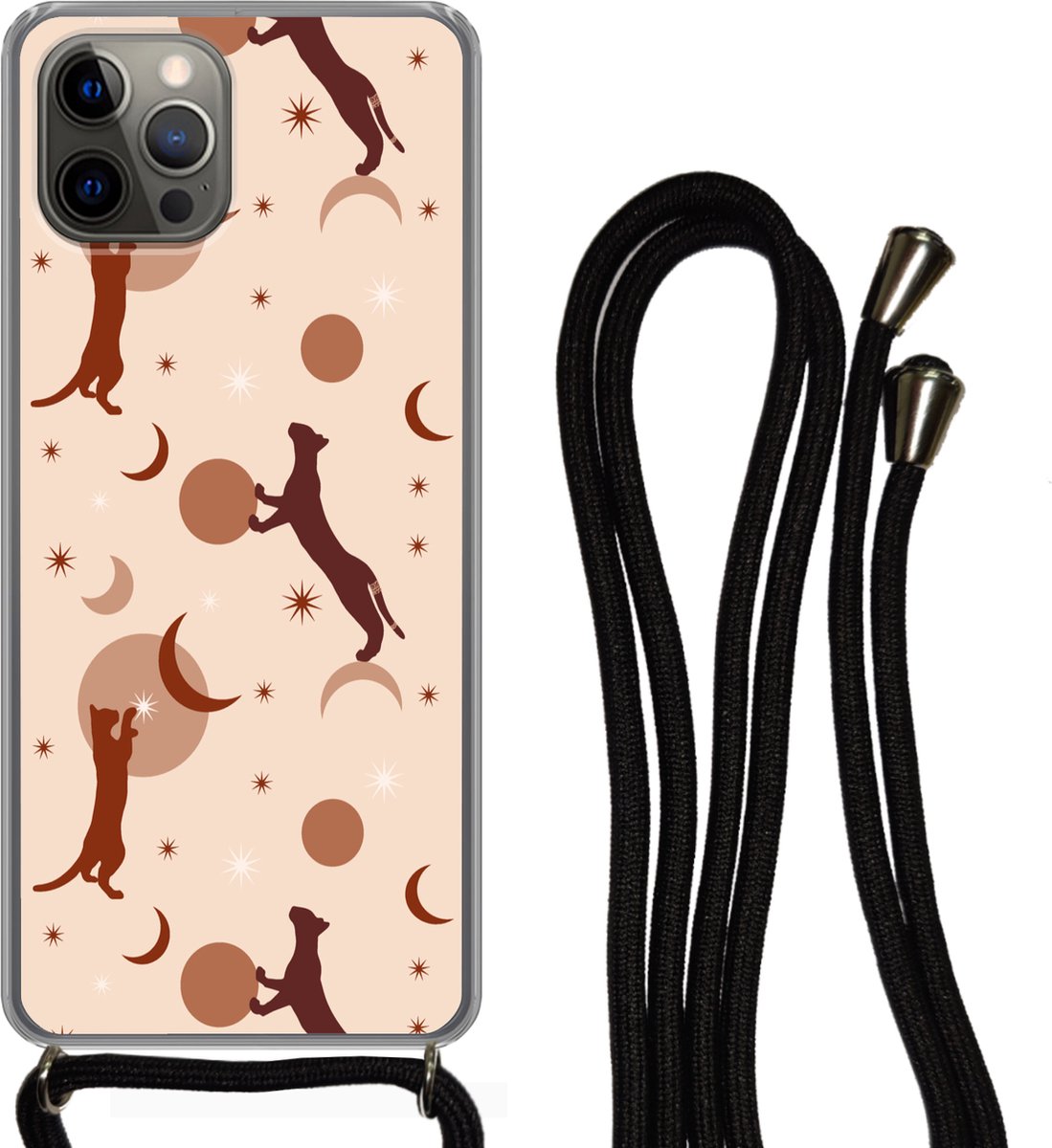 Telefoonhoesje Geschikt voor iPhone 13 Pro Max - Patronen - Kat - Maan - Pastel - Meisjes - Kinderen - Kids - Siliconen - Crossbody - Backcover met Koord - Telefoonhoesje met koord - Hoesje met touw Telefoonhoesje