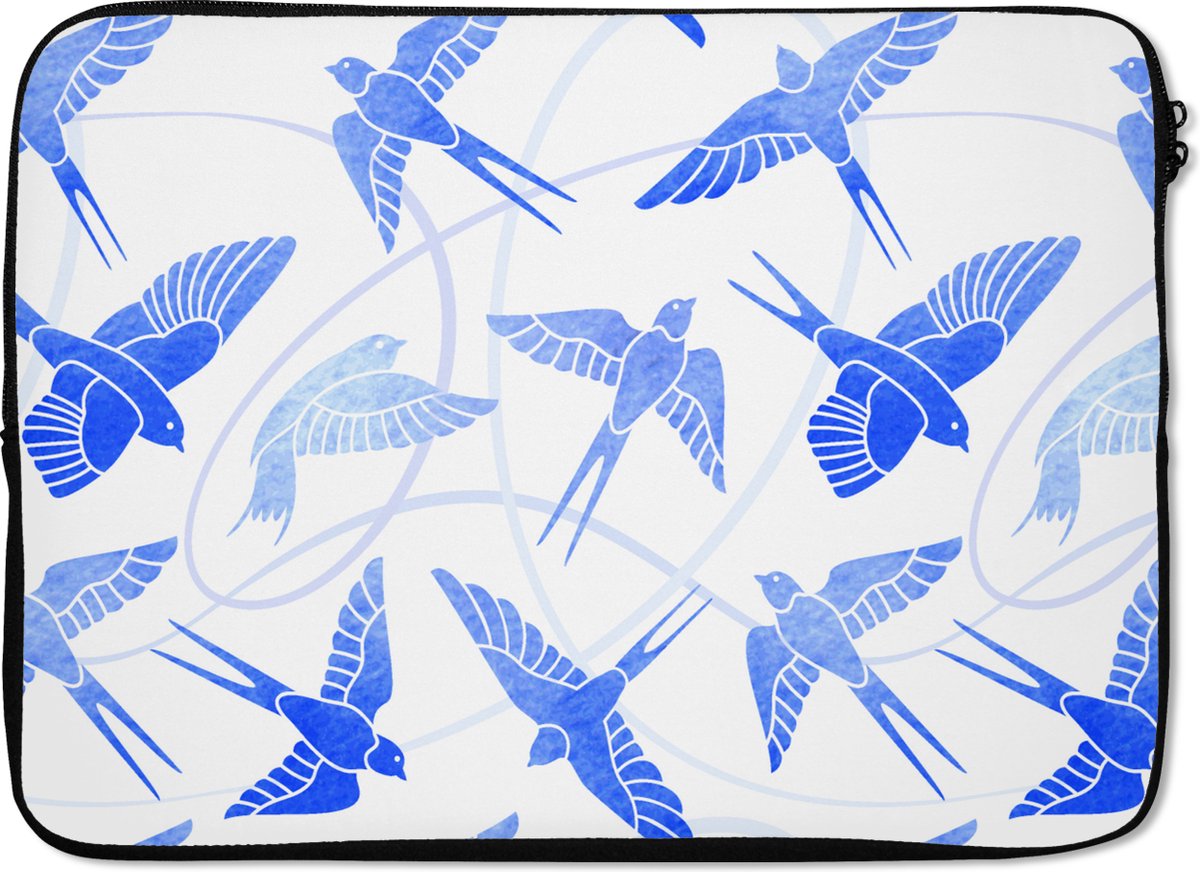 Laptophoes 13 inch - Patroon - Blauw - Vogel - Laptop sleeve - Binnenmaat 32x22,5 cm - Zwarte achterkant