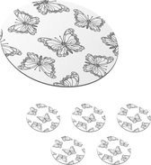 Onderzetters voor glazen - Rond - Vlinders - Patronen - Zwart Wit - 10x10 cm - Glasonderzetters - 6 stuks