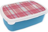 Broodtrommel Blauw - Lunchbox - Brooddoos - Plaid - Roze - Patronen - 18x12x6 cm - Kinderen - Jongen