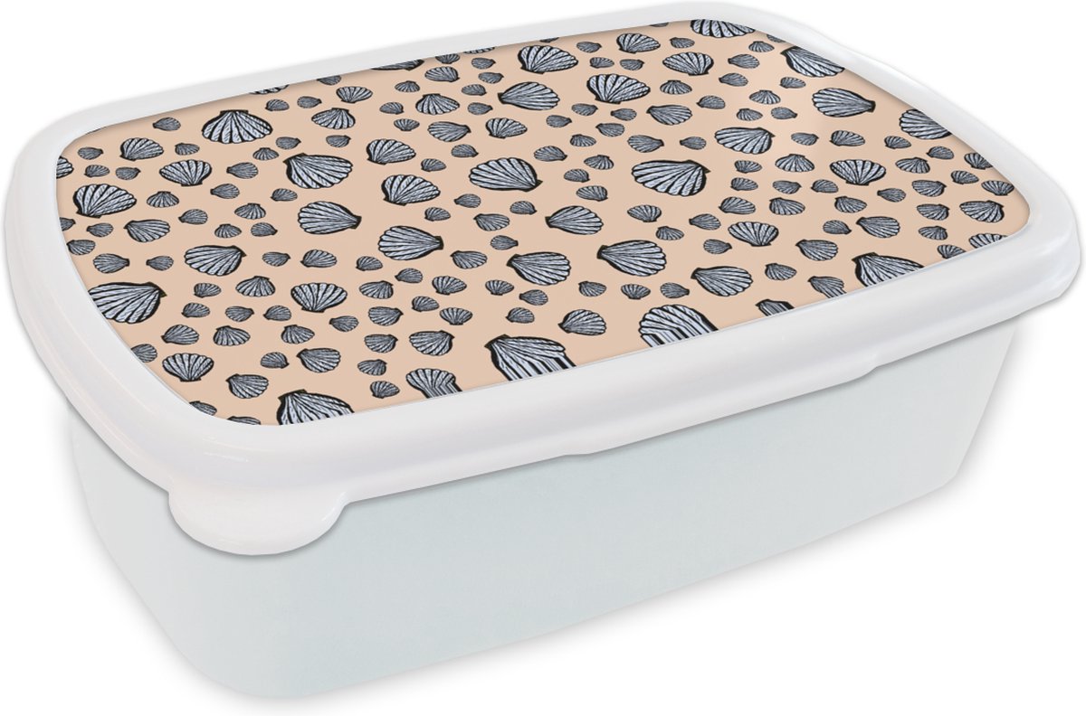 Broodtrommel Wit - Lunchbox - Brooddoos - Schelpen - Strand - Patronen - 18x12x6 cm - Volwassenen