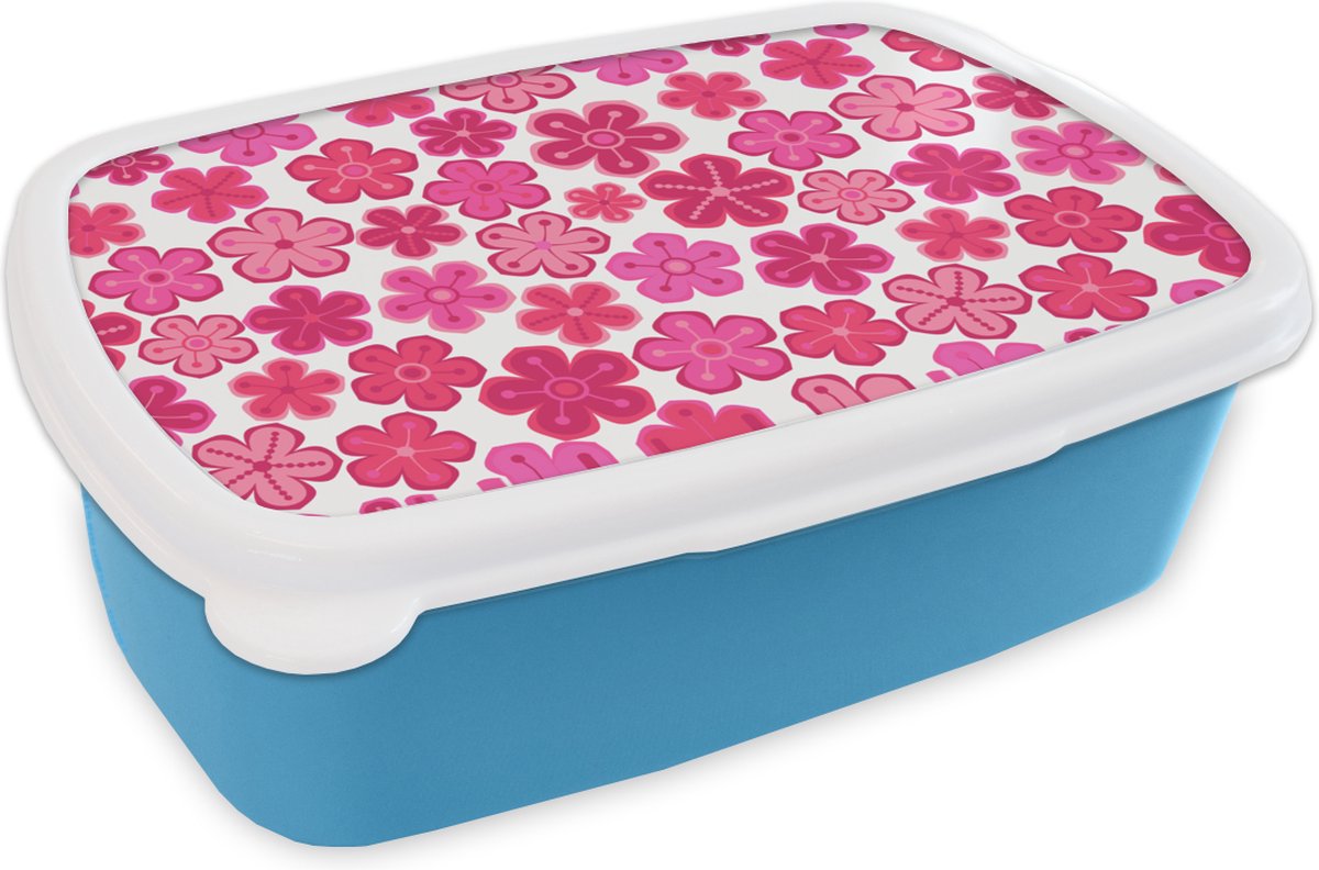 Broodtrommel Blauw - Lunchbox - Brooddoos - Bloemen - Roze - Patronen - 18x12x6 cm - Kinderen - Jongen