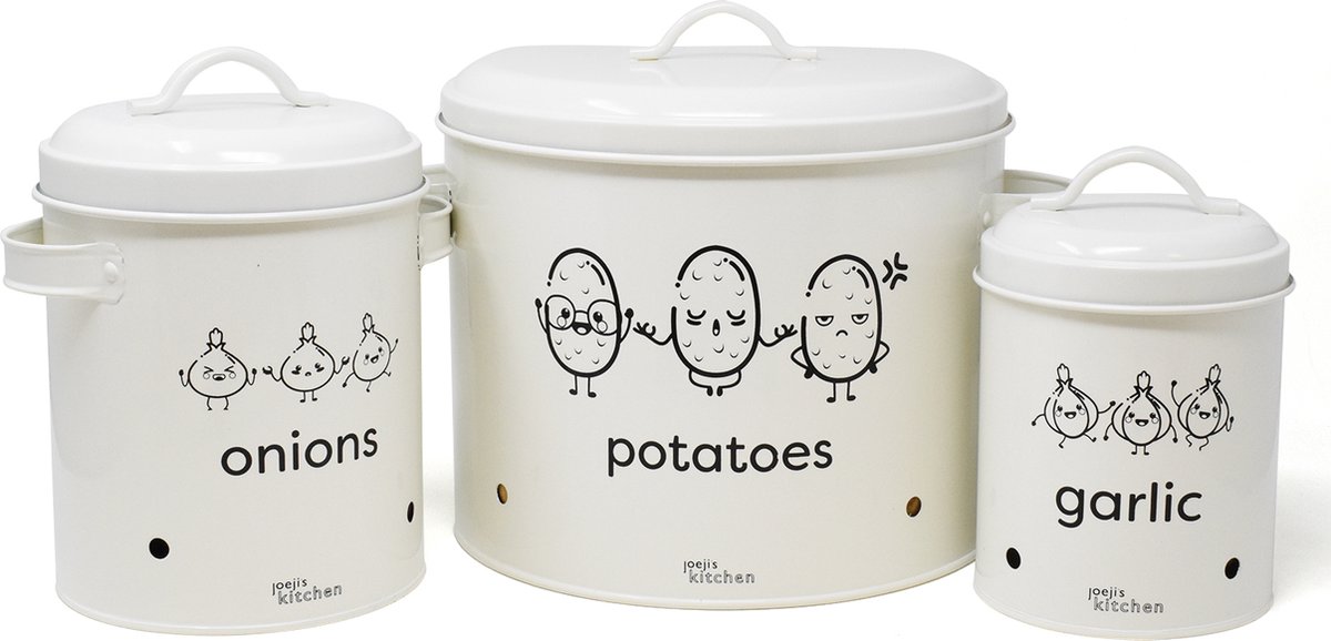 Set of 3 Potato, Onion and Garlic Storage with Cover and Vent Holes, Steel Vegetable Storage Tins. Potato Storage, Onion Storage, Garlic Pot. Cream Colour