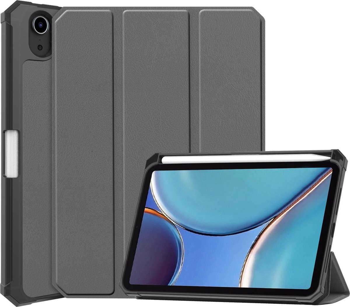 Mobigear Tablethoes geschikt voor Apple iPad Mini 6 (2021) Hoes | Mobigear Tri-Fold Shockproof Bookcase + Stylus Houder - Grijs
