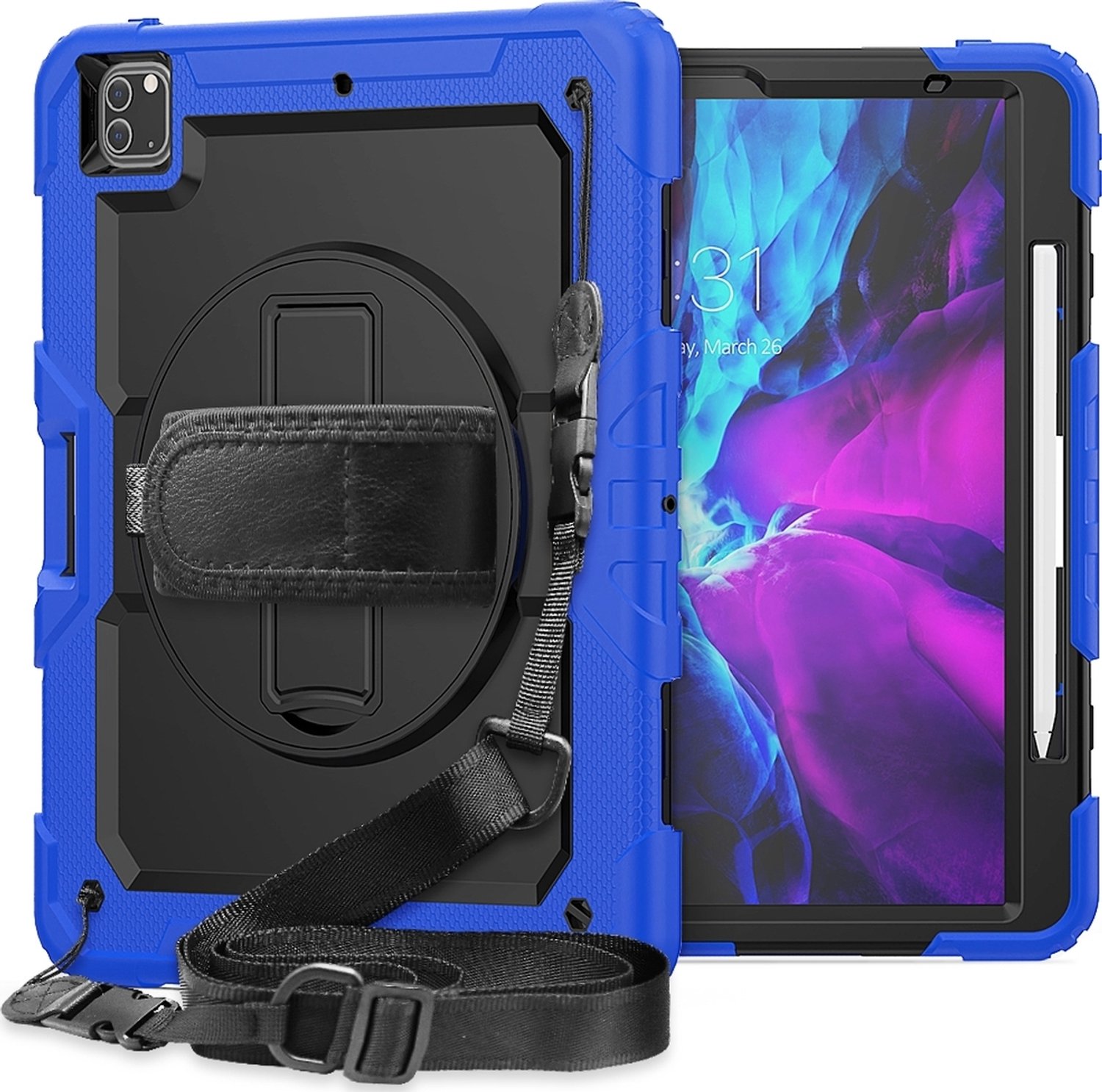 Mobigear SureGrip Xtreme Tablethoes geschikt voor Apple iPad Pro 12.9 (2020) Hardcase Backcover + Stylus Houder + Schouderband + Standaard - Zwart / Blauw